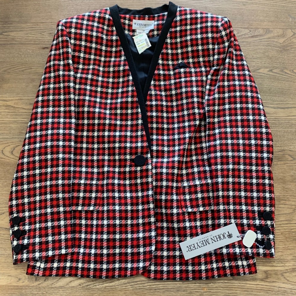 John Meyer of Norwich Red Black Plaid Collarless Blazer Jacket Vintage NWT 12